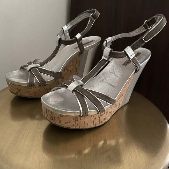 PRADA Metallic Silver Leather Slingback Wedge Heel Sandals Women's Shoes sz 10 - Picture 1 of 1